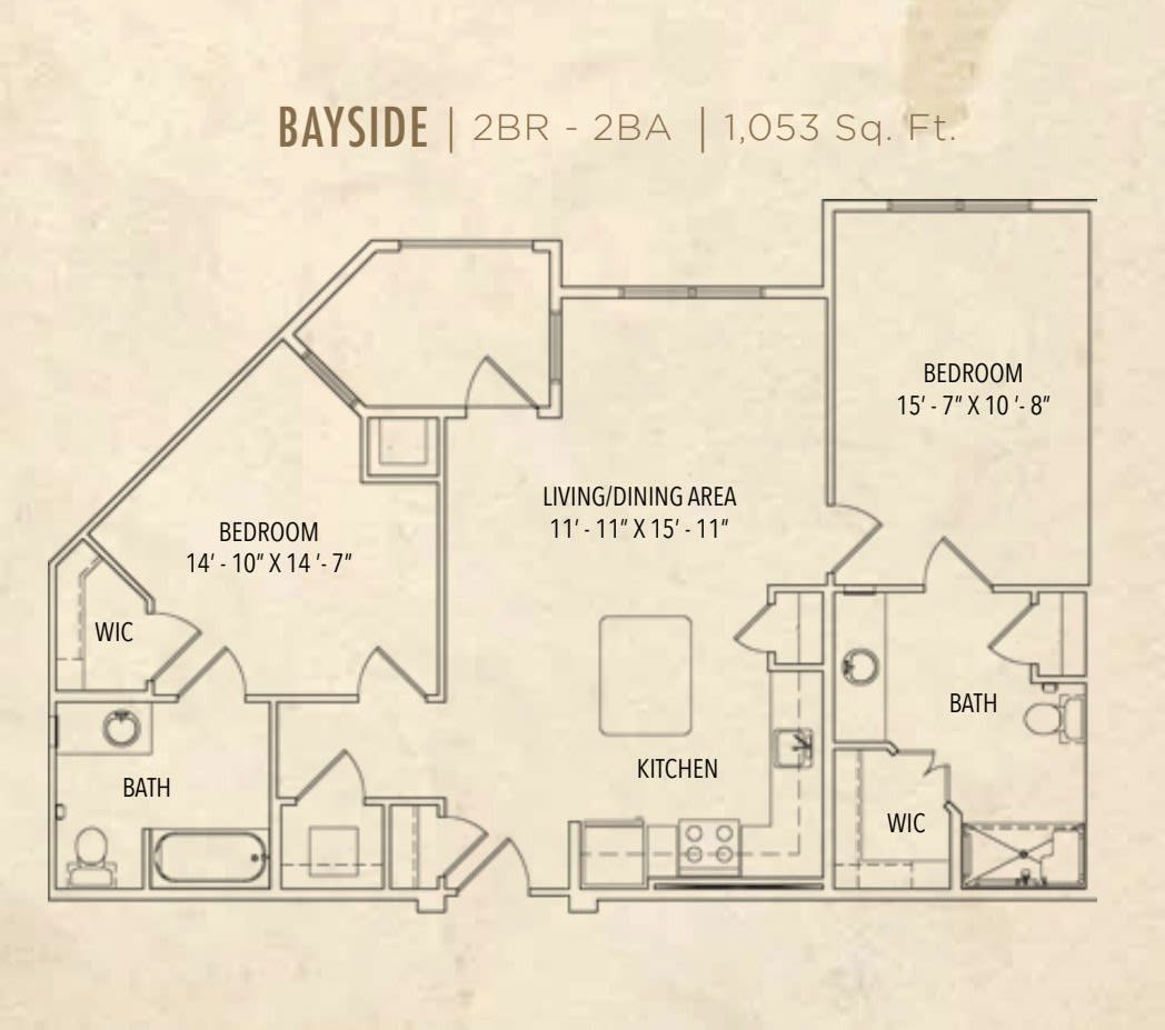 Floor plan of a two-bedroom apartment with kitchen, living area, and bathrooms.