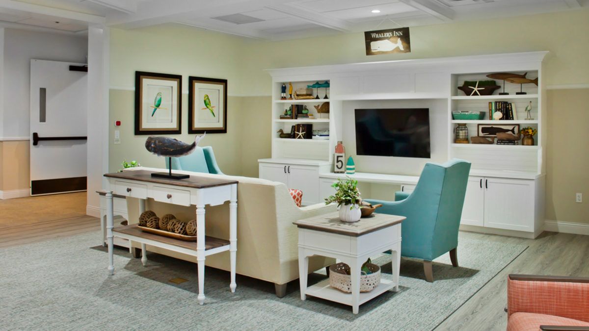 A cozy living room with modern furniture and decor, featuring a TV and bookshelves.