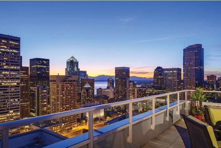 A stunning rooftop view of a city skyline at sunset.