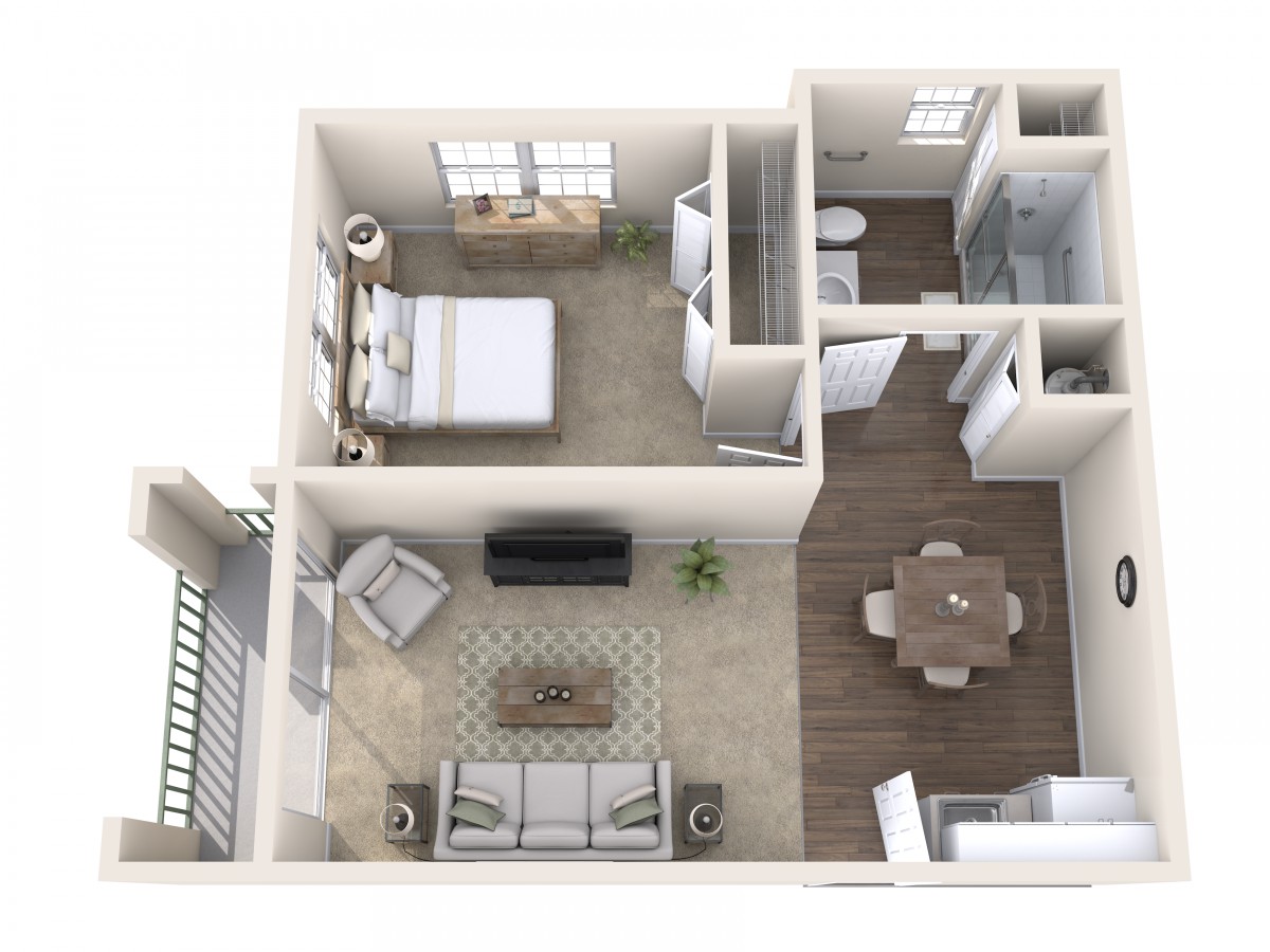 A 3D floor plan of a one-bedroom apartment featuring a living room, kitchen, bathroom, and bedroom.