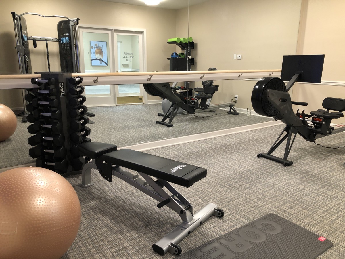 A clean and well-equipped gym room featuring a bench, dumbbells, rowing machine, and mirror.