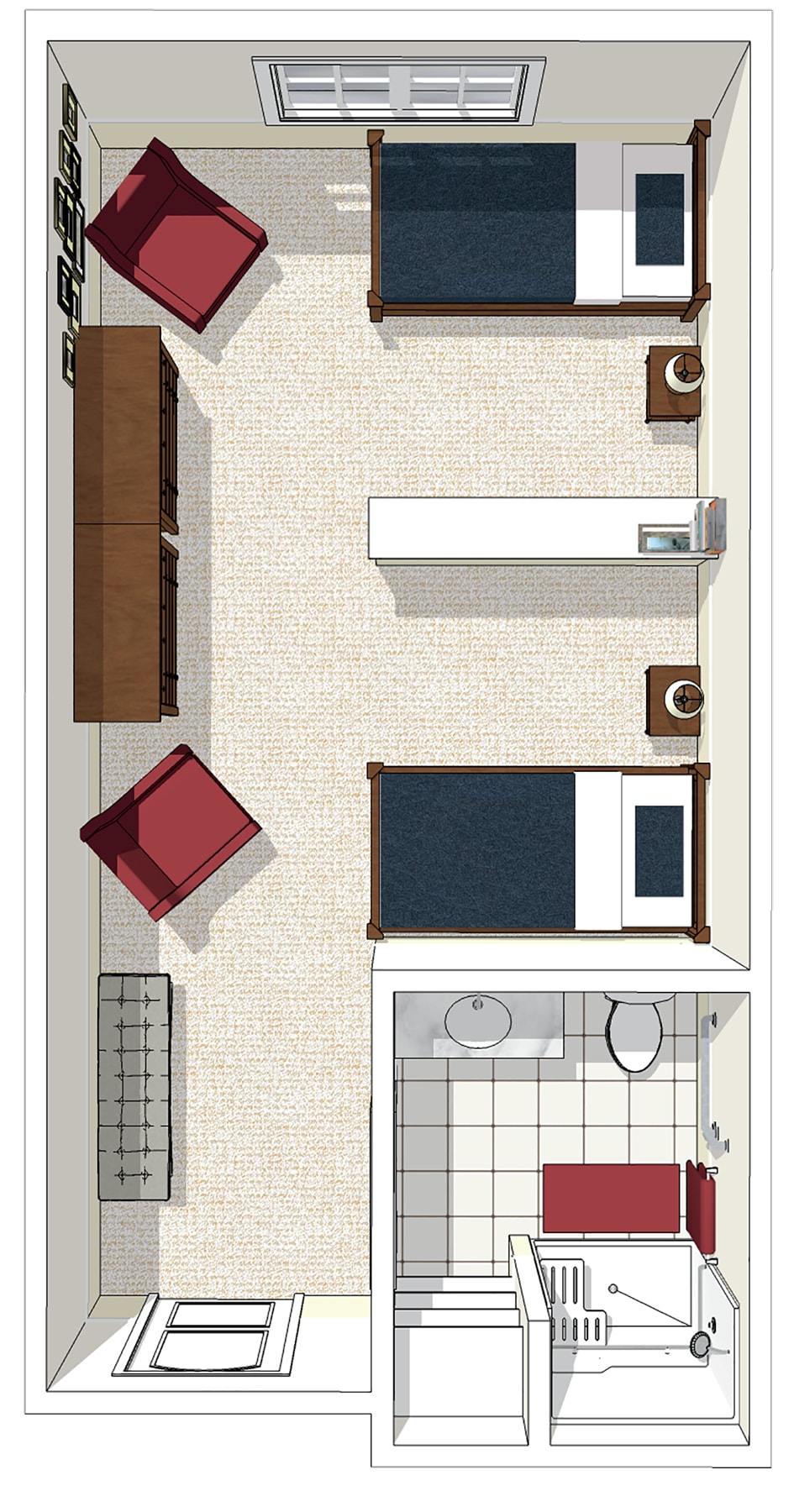 A floor plan of a bedroom showing furniture arrangement and bathroom layout.