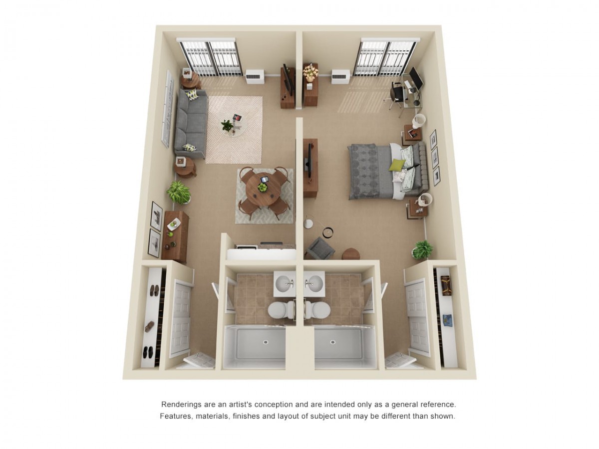 A spacious 3D-rendered floor plan of a two-bedroom apartment featuring a living room, bedrooms, bathroom, and well-arranged furniture.