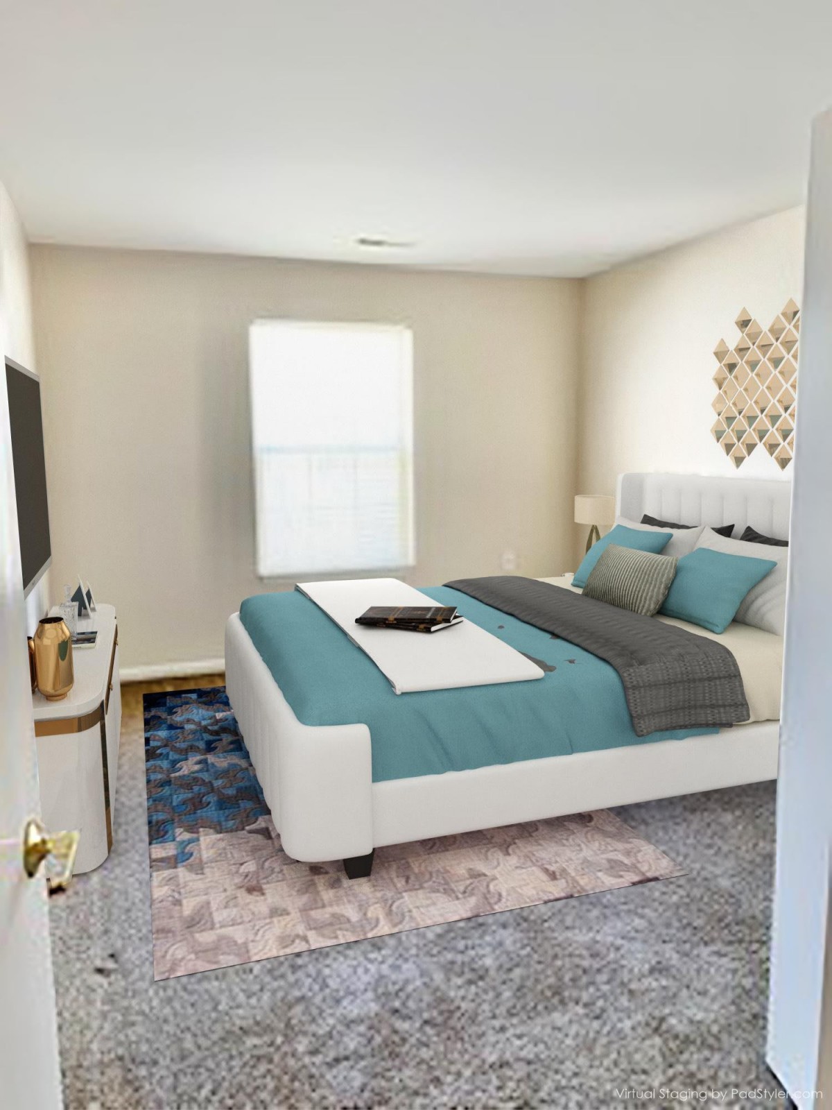 A modern bedroom with a stylish bed and chic decor.