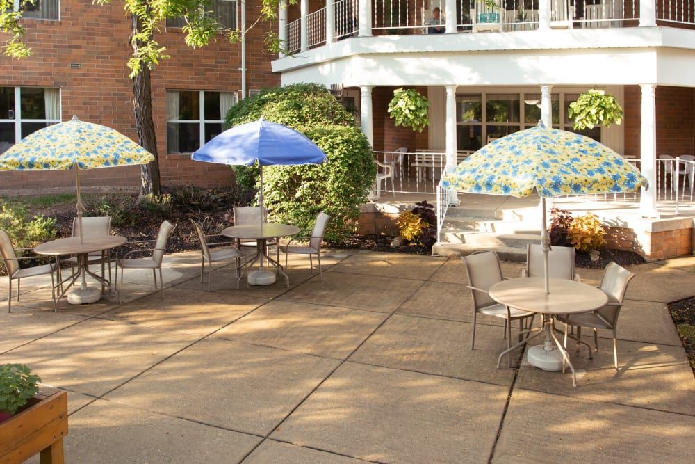 Outdoor patio area with tables, chairs, and umbrellas surrounded by greenery.