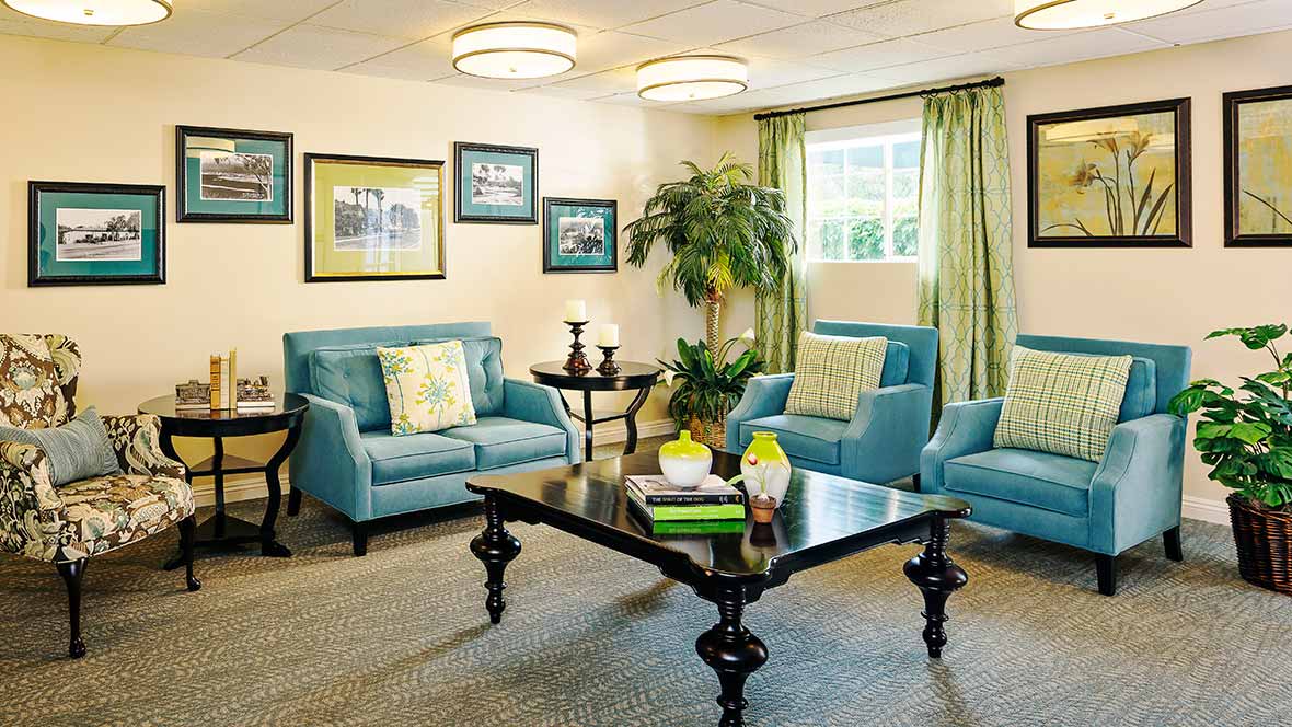 A cozy living room with blue sofas and armchairs, a dark wooden coffee table, decorative pillows, framed photos on the wall, and greenery near the window.