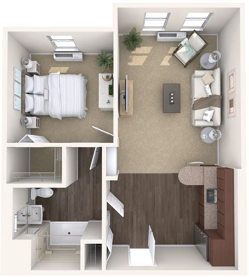 A top-down view of a 1-bedroom apartment floor plan, featuring a living room, bedroom, kitchen, and bathroom.