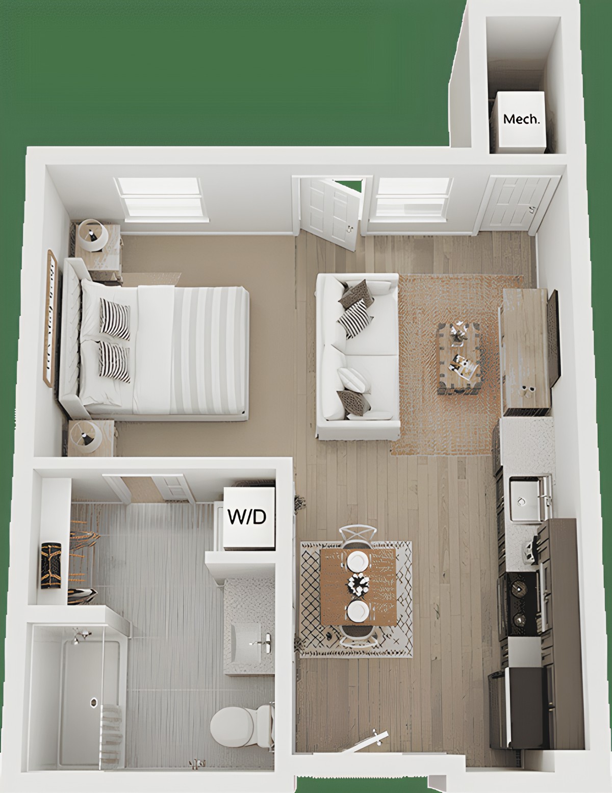 A 3D floor plan of a modern one-bedroom apartment showcasing the layout and furniture arrangement.