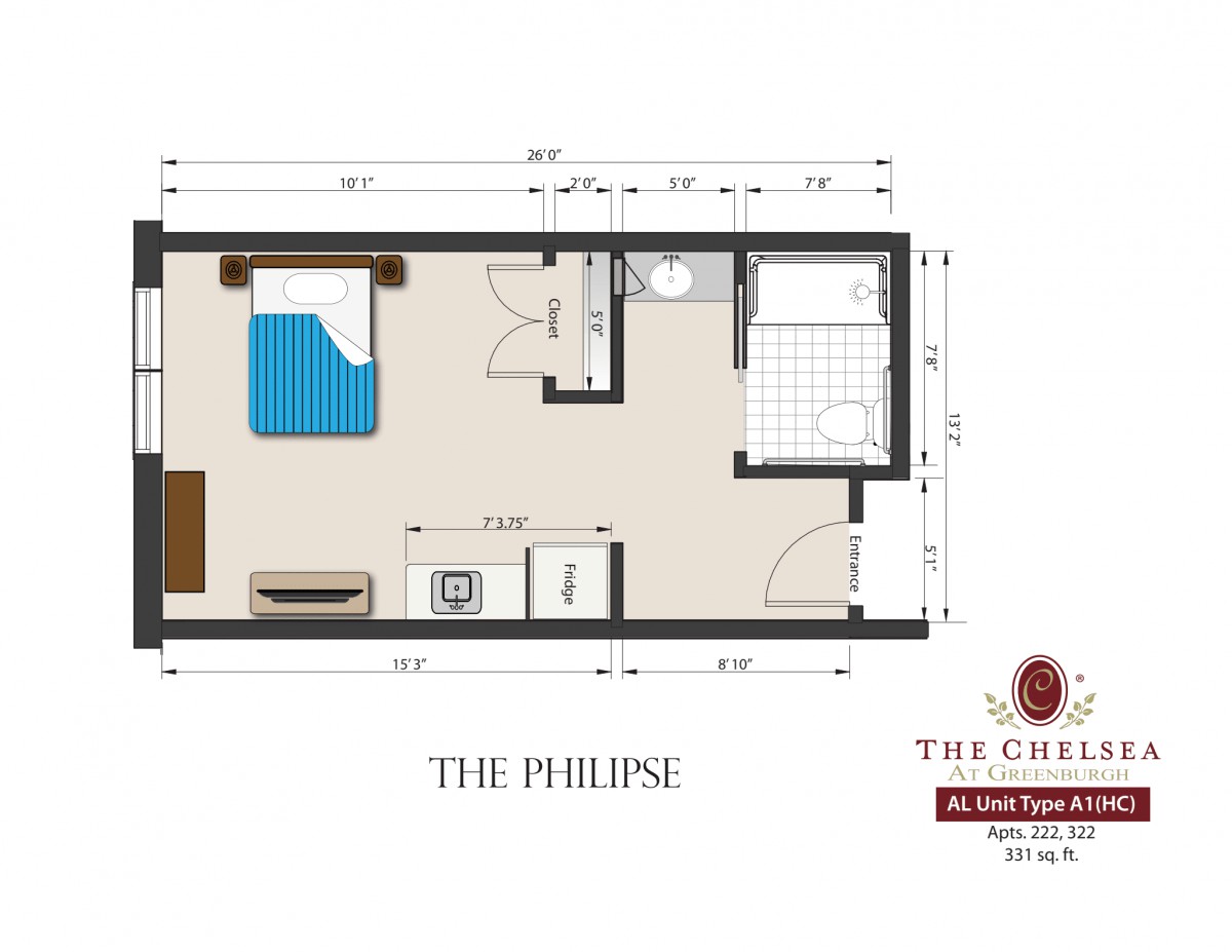 Floor plan of a studio apartment named 'The Philipse' with designated areas for sleeping, cooking, and bathroom.