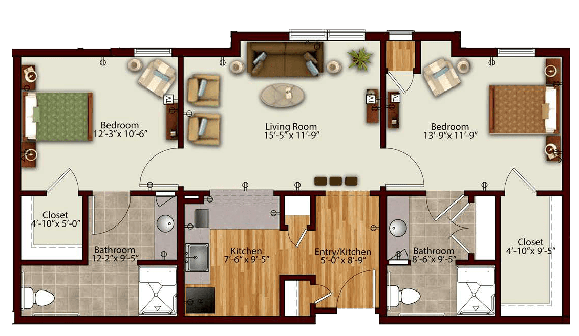 This image is a floor plan of a two-bedroom apartment, featuring labeled dimensions for the living room, kitchen, and bedroom areas.