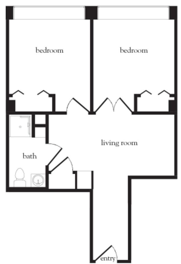 A floor plan of a two-bedroom apartment with a living room and bathroom.