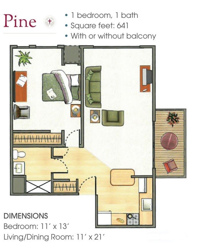 A floor plan of a one-bedroom apartment, featuring a living room, kitchen, bathroom, and optional balcony.