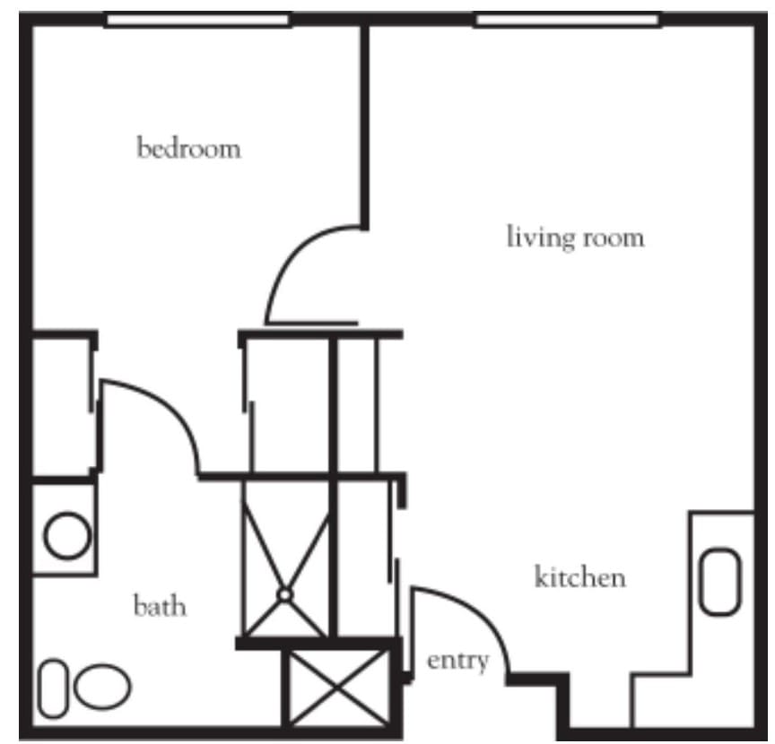 A simple floor plan featuring a one-bedroom apartment layout with a living room, kitchen, and bathroom.
