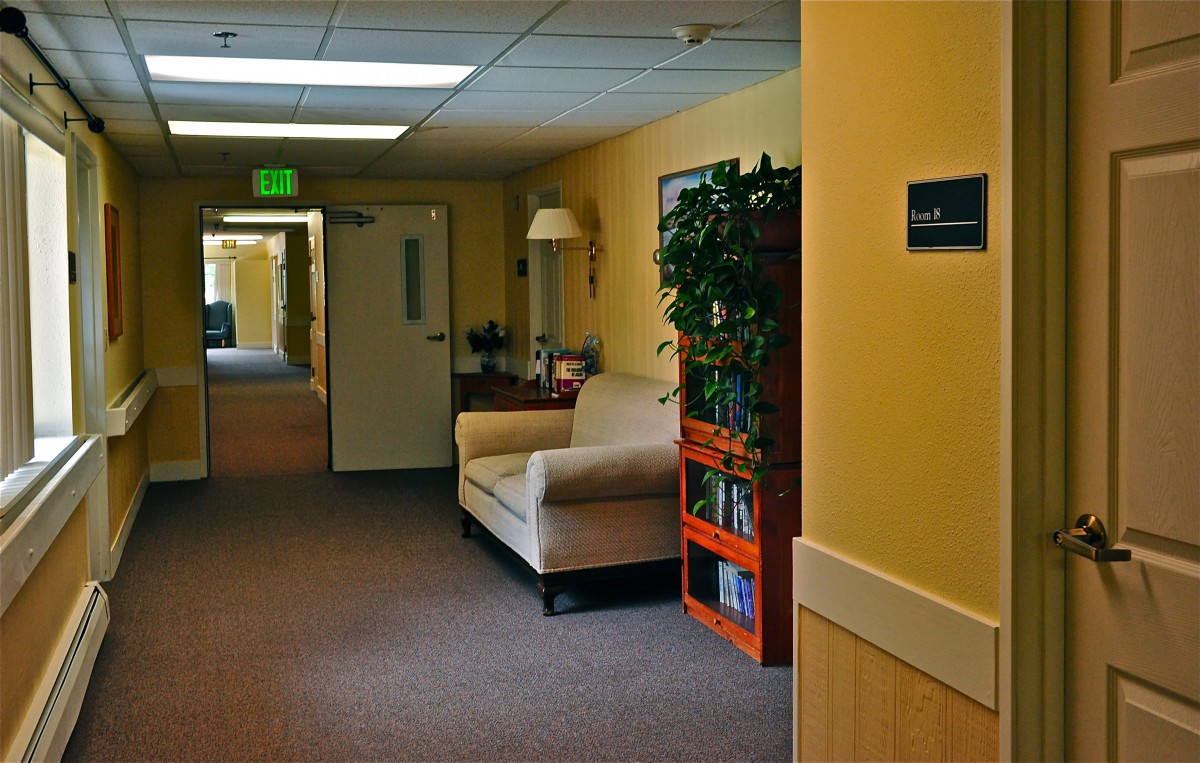 A cozy office hallway with a sofa, bookshelf, and potted plant.