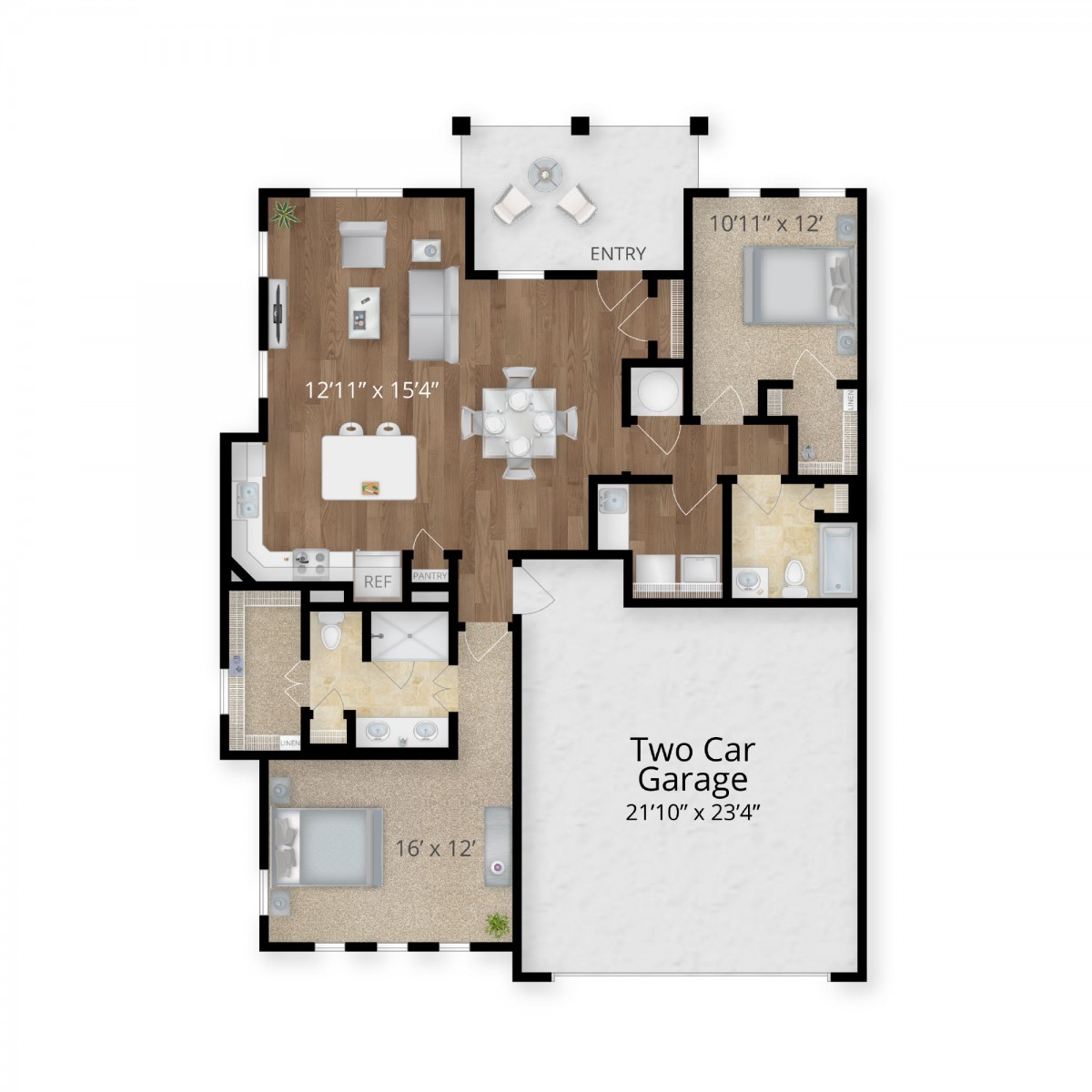 This is a floor plan showing the layout of a house, including a two-car garage and multiple rooms.