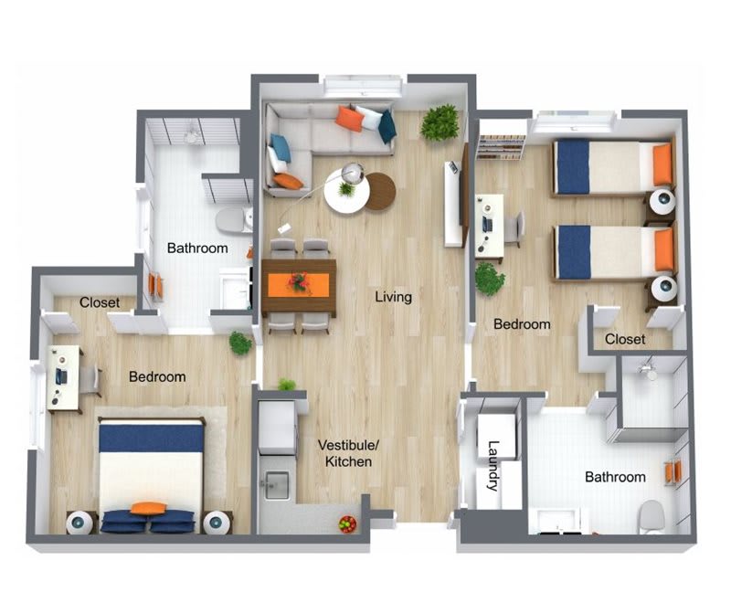 3D floor plan of an apartment showing multiple bedrooms, bathrooms, kitchen, and living areas.