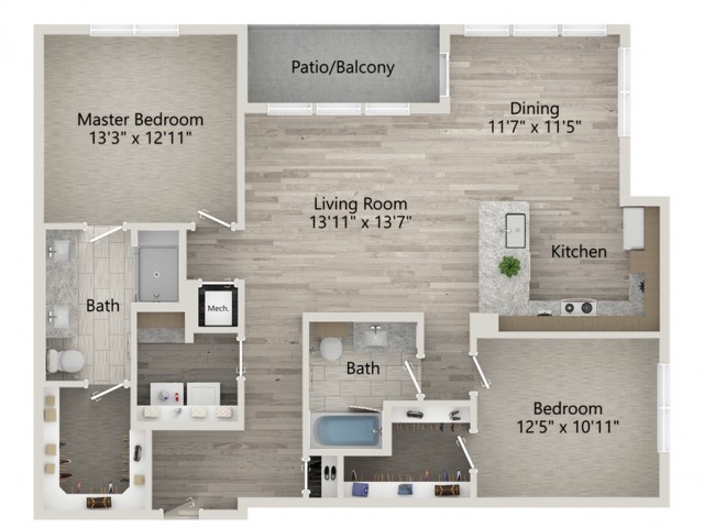 A floor plan of a two-bedroom apartment with a living room, kitchen, dining area, bathrooms, and a patio/balcony.