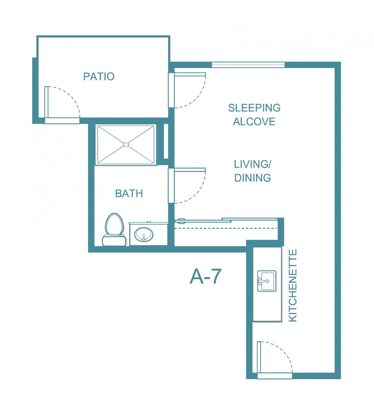 A floor plan diagram of a studio apartment with a patio, sleeping alcove, living/dining area, bathroom, and kitchenette.