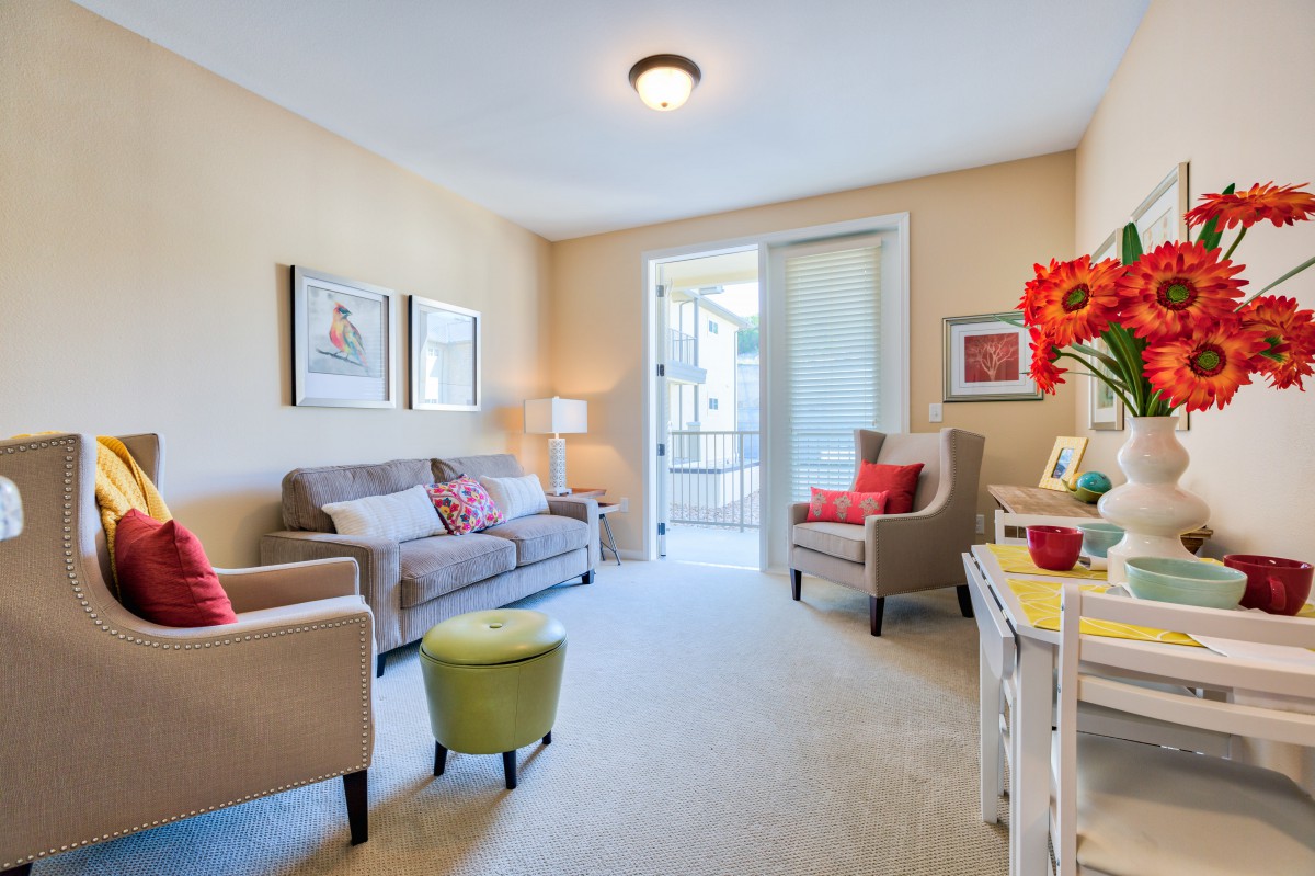 A cozy living room with modern furniture and colorful decor.