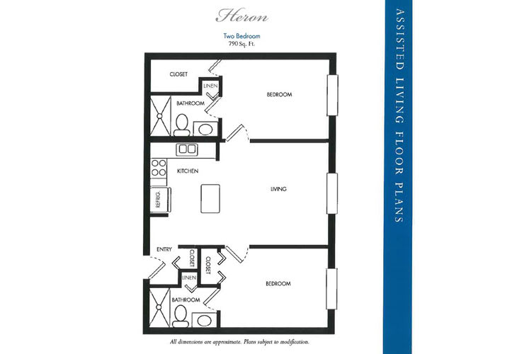 A floor plan of a two-bedroom apartment featuring a living room, kitchen, and two bathrooms.