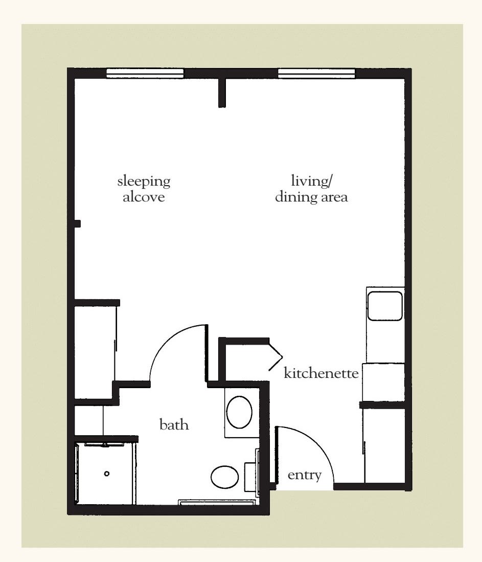 Studio apartment floor plan with a combined living and dining area, sleeping alcove, kitchen, and bathroom.