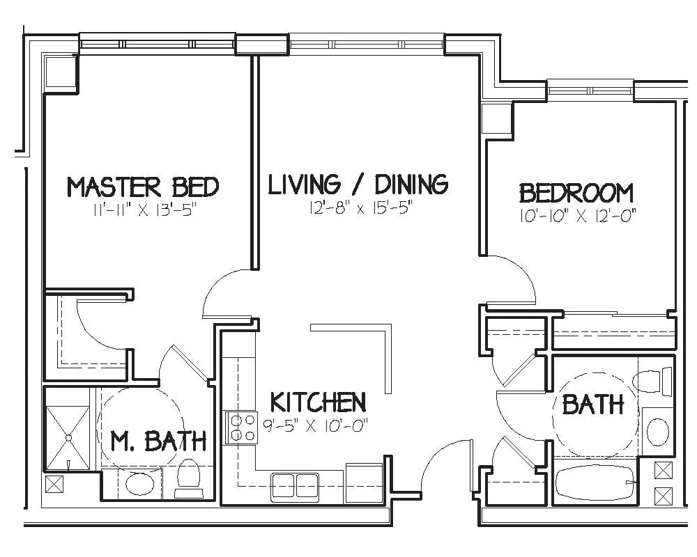 A detailed floor plan of an apartment featuring a master bedroom, a secondary bedroom, a living/dining area, kitchen, and two bathrooms.