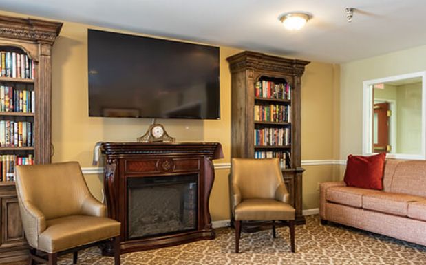 A cozy living room with a fireplace, television, and bookshelves.