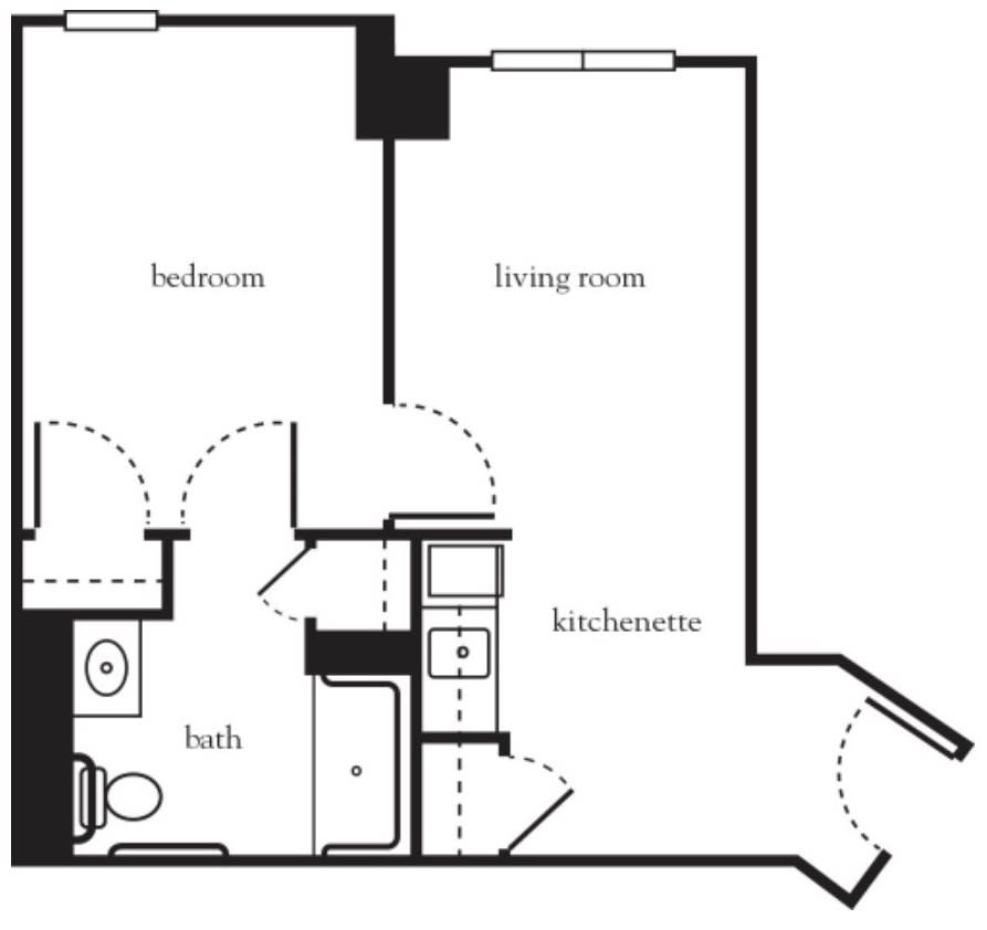A floor plan of a one-bedroom apartment featuring a living room, kitchen area, and bathroom.