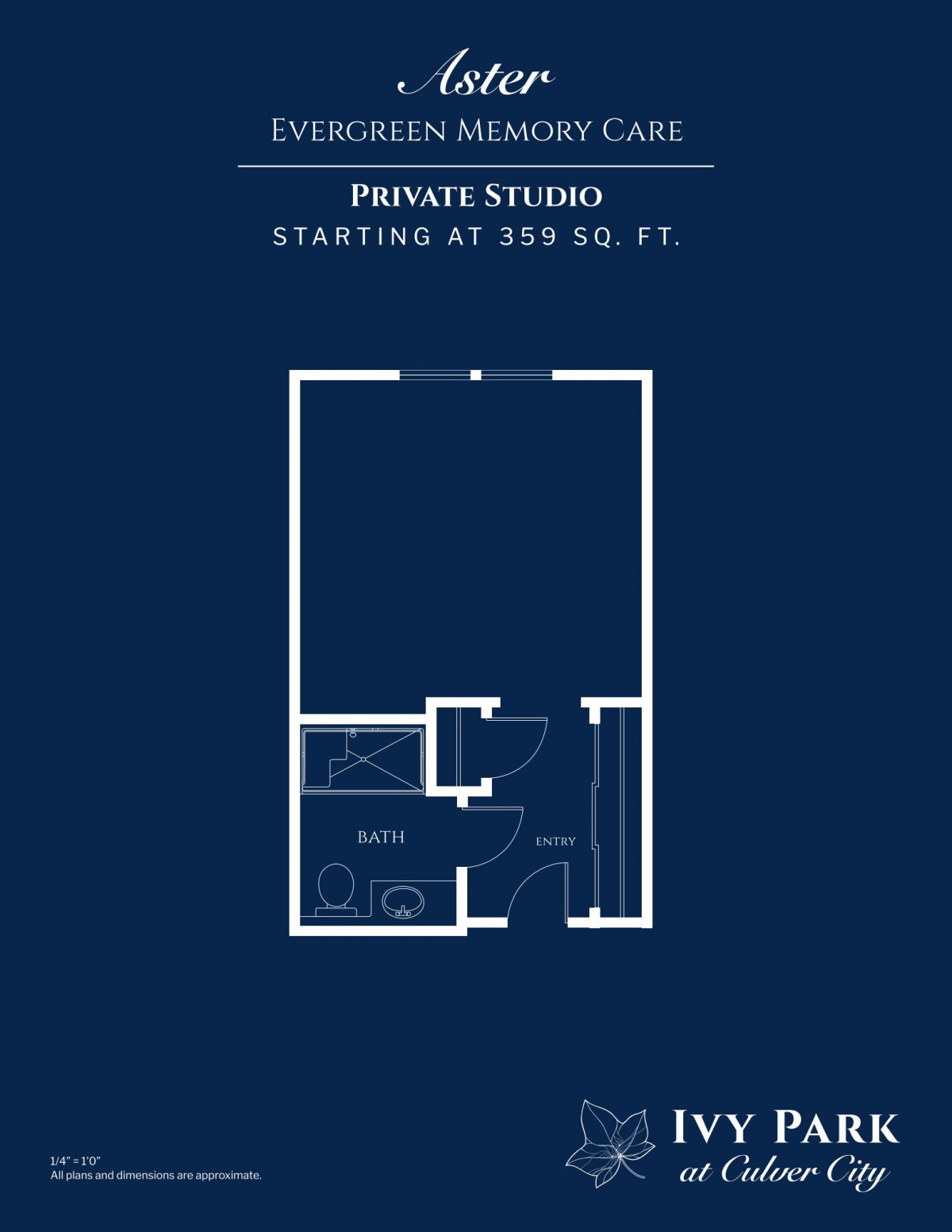 Blueprint of a private studio starting at 359 sq. ft.