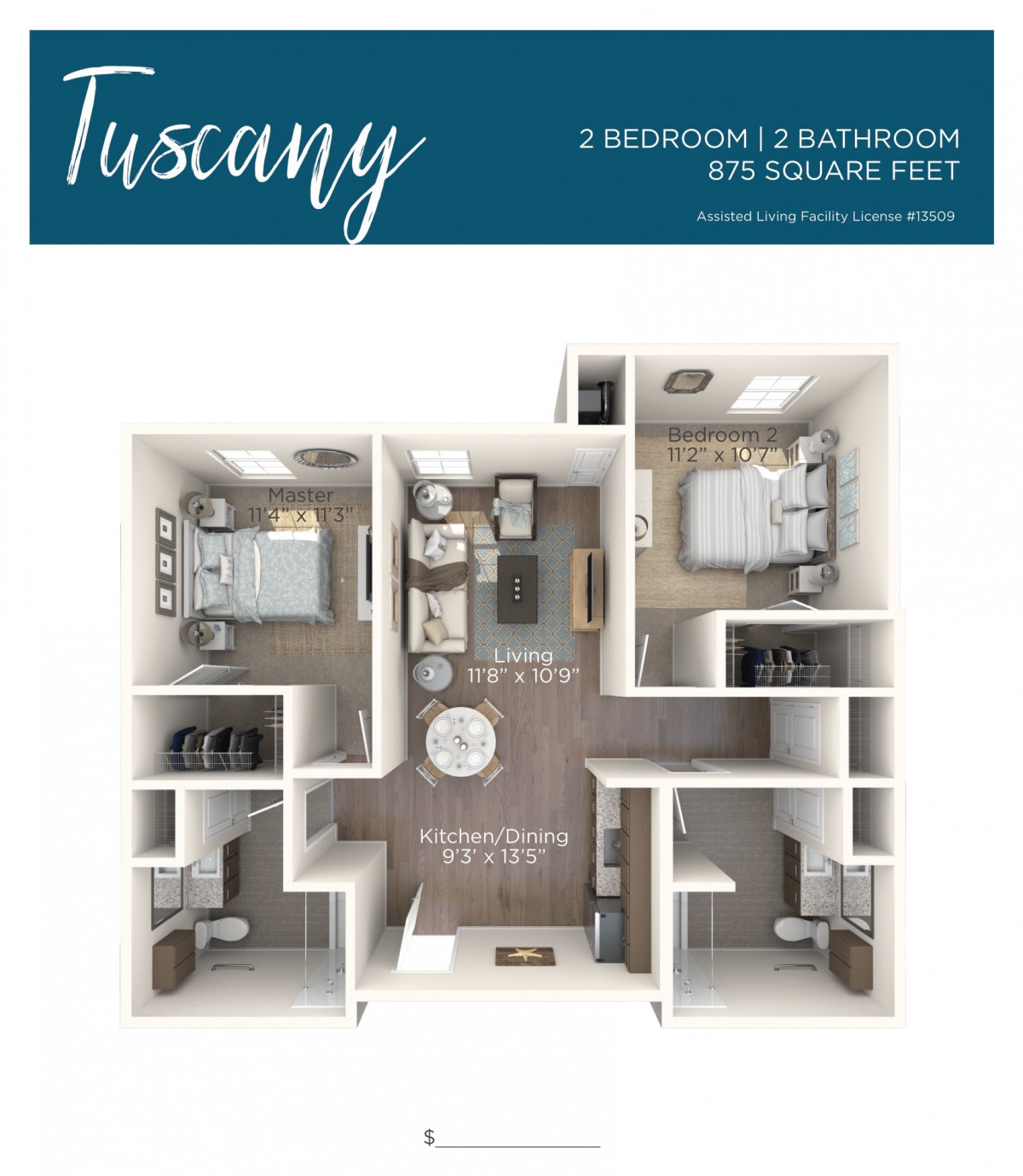 3D floor plan of a two-bedroom, two-bathroom apartment named 'Tuscany' with an area of 975 square feet.