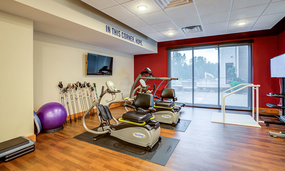 A modern gym featuring treadmills and stationary bikes with large windows providing ample natural light.