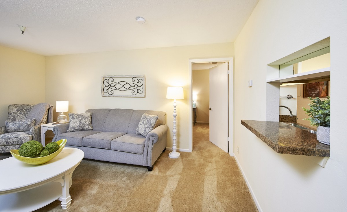 A cozy living room featuring a gray sofa, a floor lamp, and a decorative wall piece.