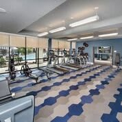 A modern gym with multiple treadmills and exercise equipment overlooking large windows.