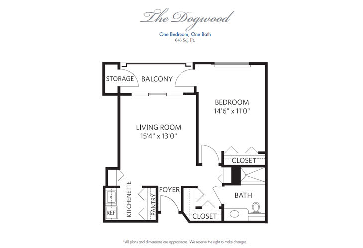 Floor plan of a one-bedroom, one-bath apartment with living room, kitchen, storage area, and balcony.