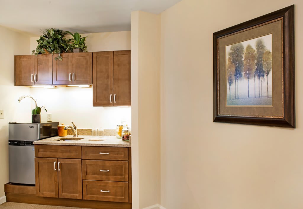A cozy kitchen corner with wooden cabinets and a framed painting on the wall.