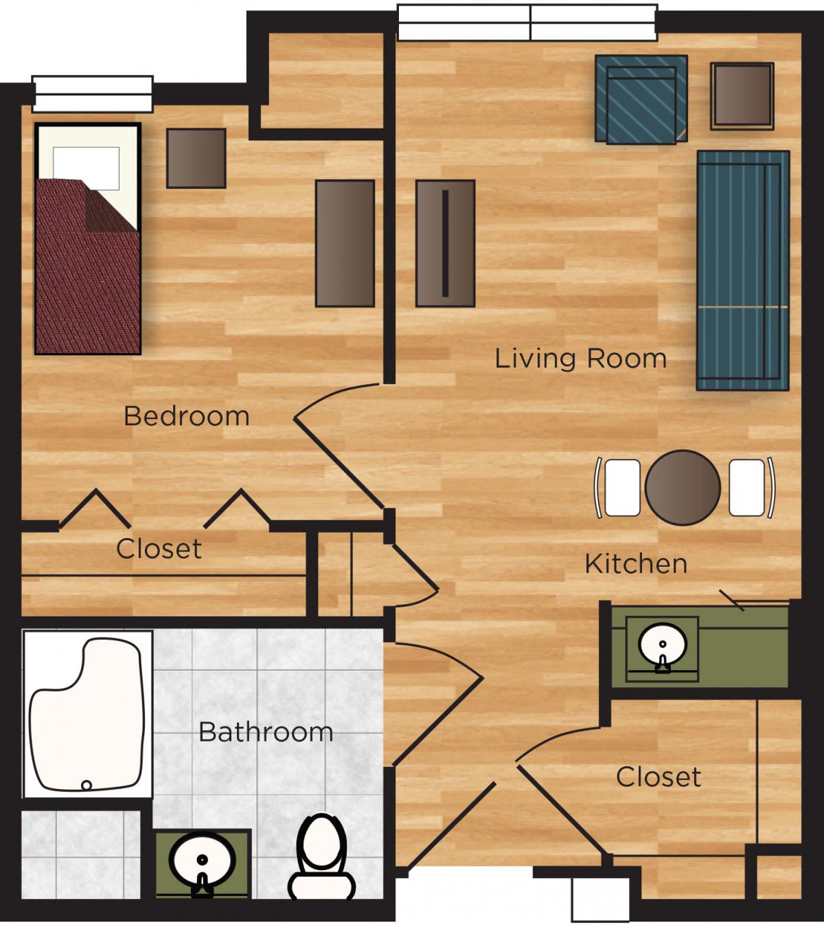 A floor plan of a one-bedroom apartment featuring a living room, kitchen, bedroom, bathroom, and closet.