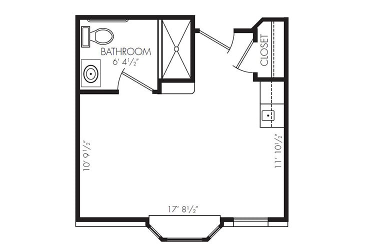 A simple floor plan showing a bedroom with an attached bathroom and closet.