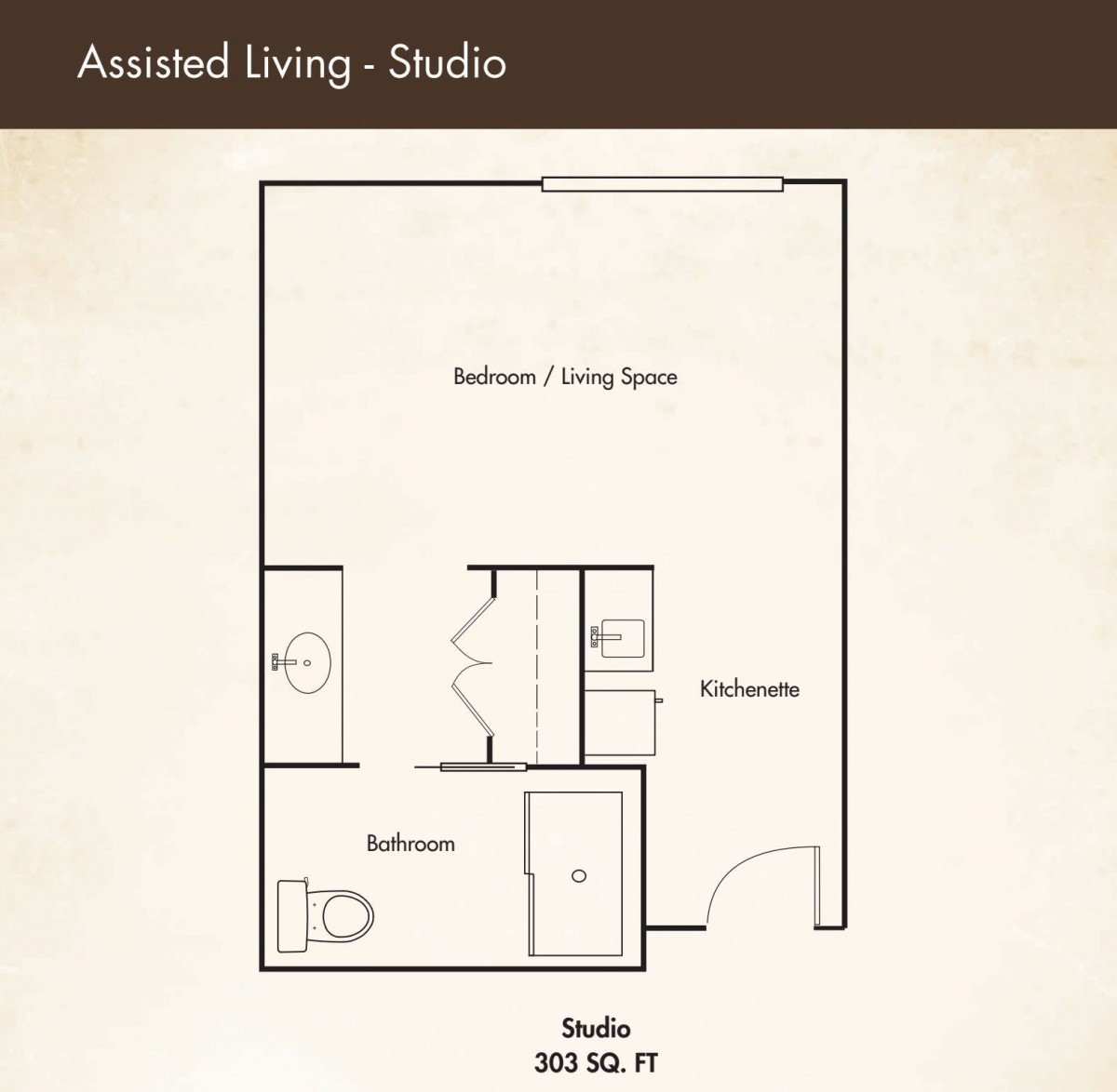 Floor plan of an assisted living studio apartment measuring 361 sq. ft.
