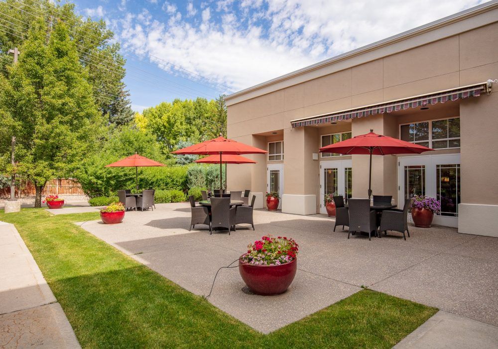 A sunny outdoor patio with red umbrellas and greenery surrounds.