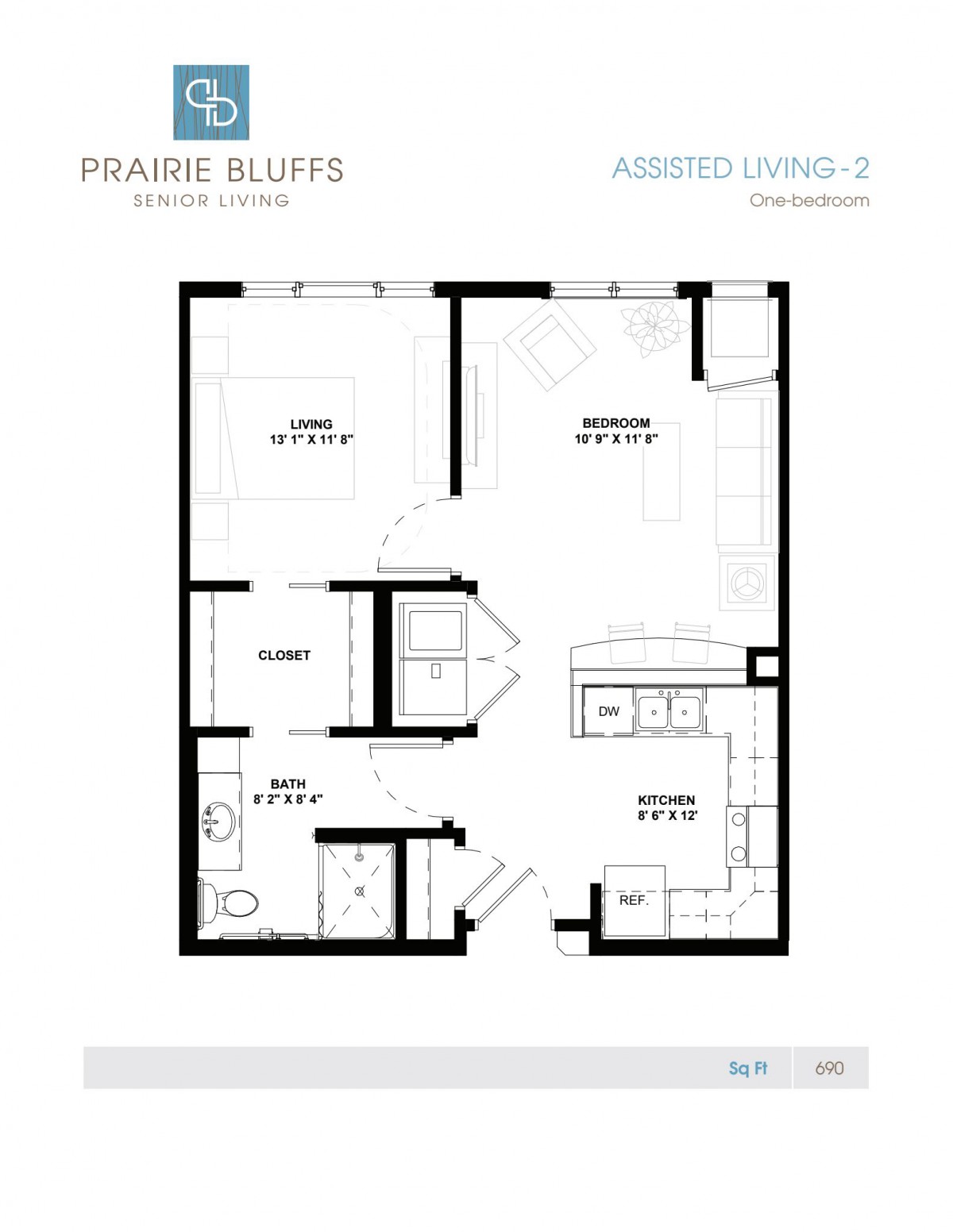 An architectural floor plan of an assisted living apartment, showing rooms and layout.