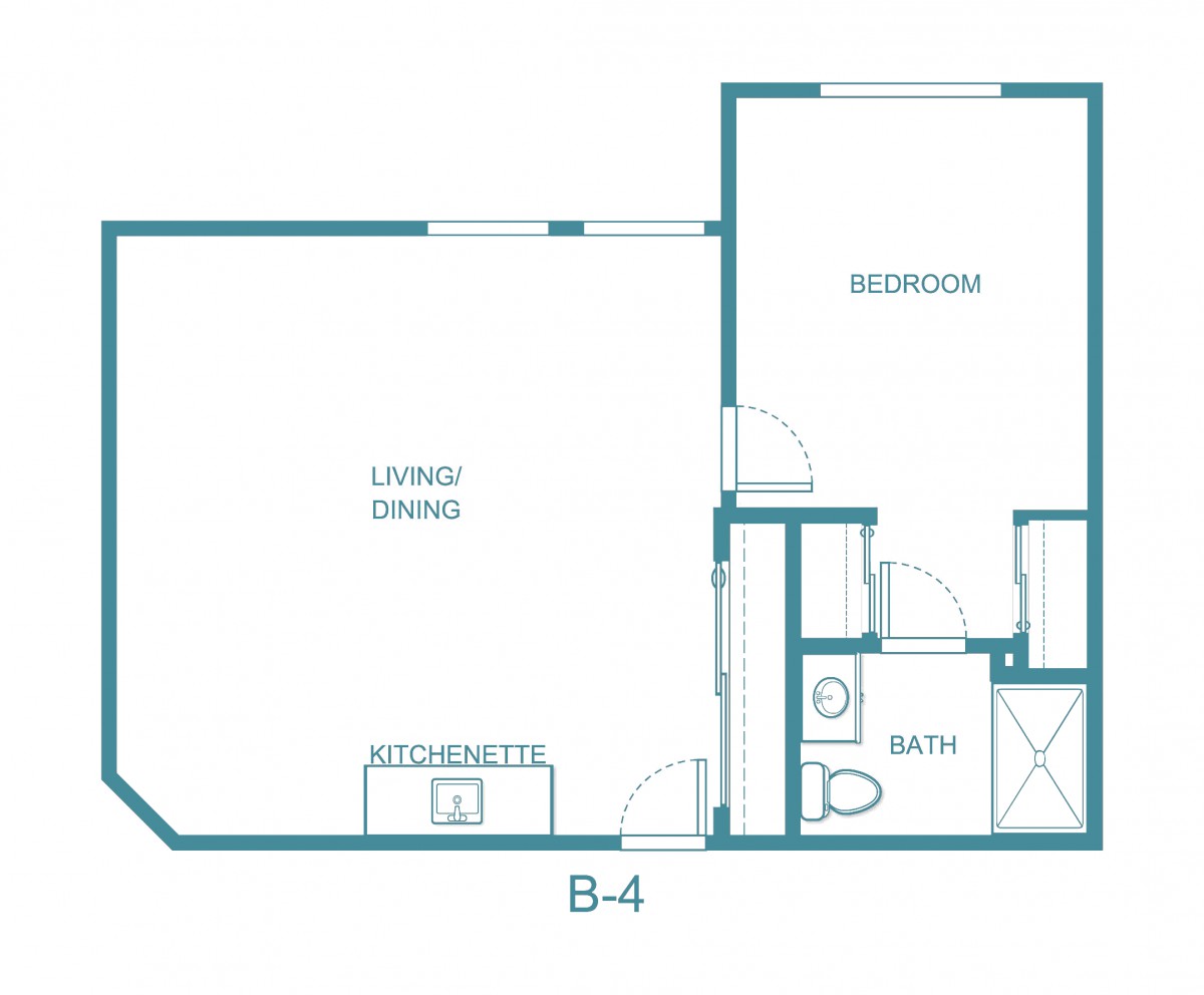 A floor plan of a one-bedroom apartment featuring a living/dining area, kitchen, bathroom, and bedroom.
