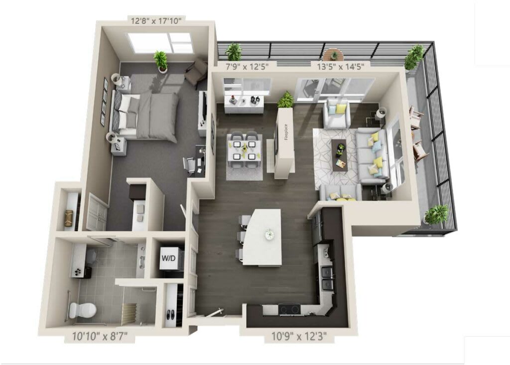 A 3D rendered floor plan of an apartment featuring two bedrooms, a kitchen, a living room, and a bathroom.