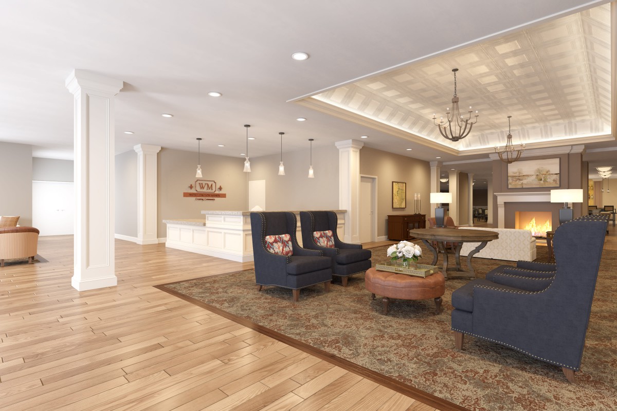 A modern lobby with comfortable seating and elegant lighting.