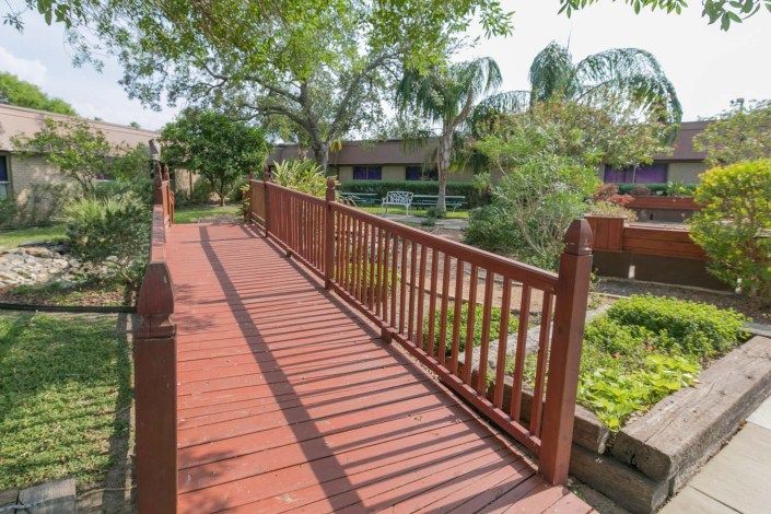 A serene wooden bridge overlooking a lush garden area with surrounding trees and plants.