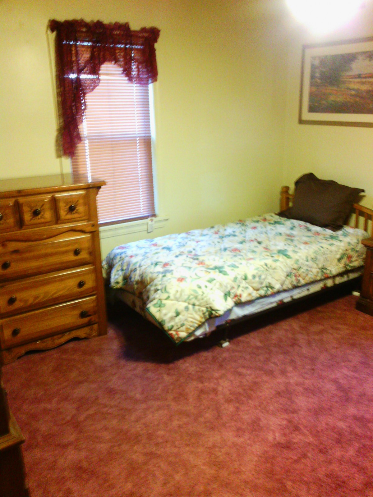A cozy bedroom with a single bed, wooden dresser, and carpet flooring.