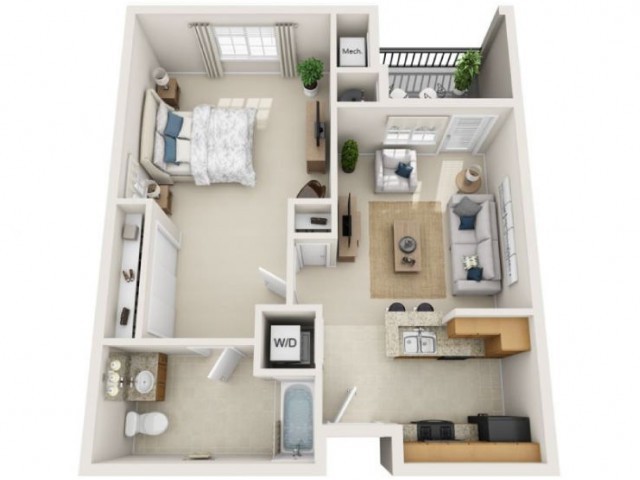 A 3D floor plan of a one-bedroom apartment featuring a living room, kitchen, and bathroom.
