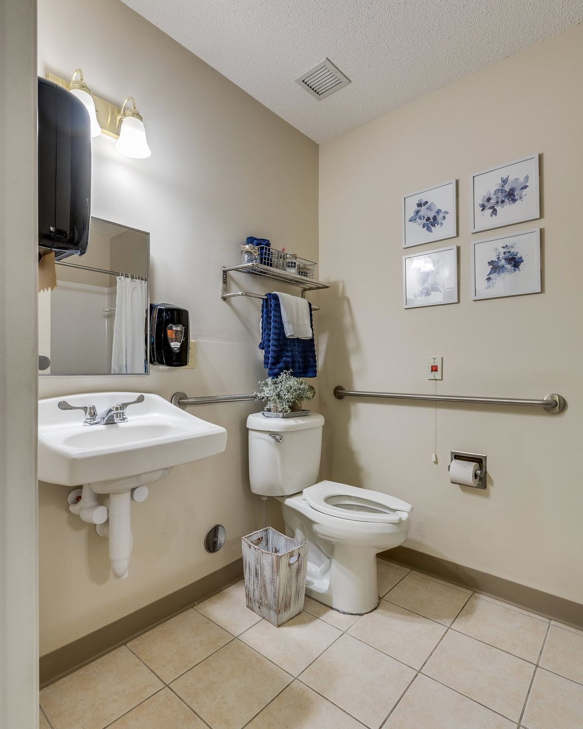 A clean and accessible bathroom with a sink, toilet, and safety handrails.