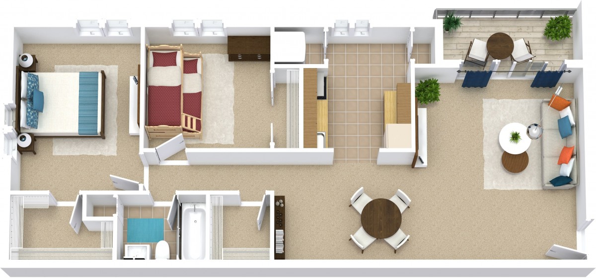 A detailed floor plan of a compact apartment showing a bedroom, kitchen, and dining area.