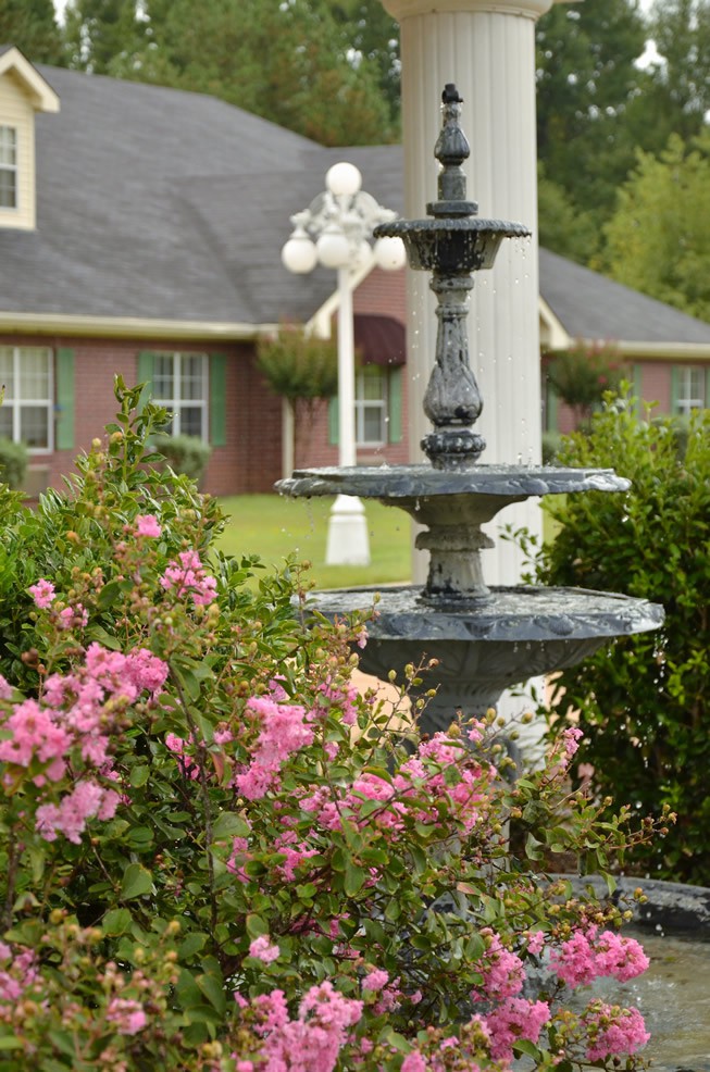 A charming garden scene with a decorative fountain surrounded by pink flowers and greenery.