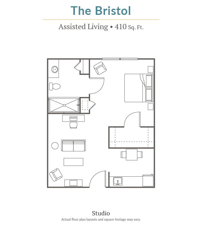 Floor plan layout of The Bristol assisted living space.